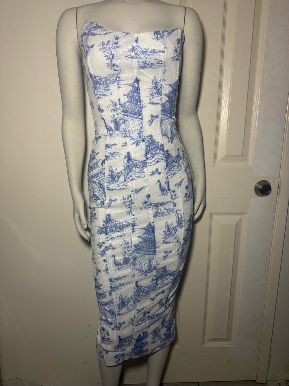 Blue White Toile Asian Pagoda Print Strapless Bodycon Midi Dress Sequins